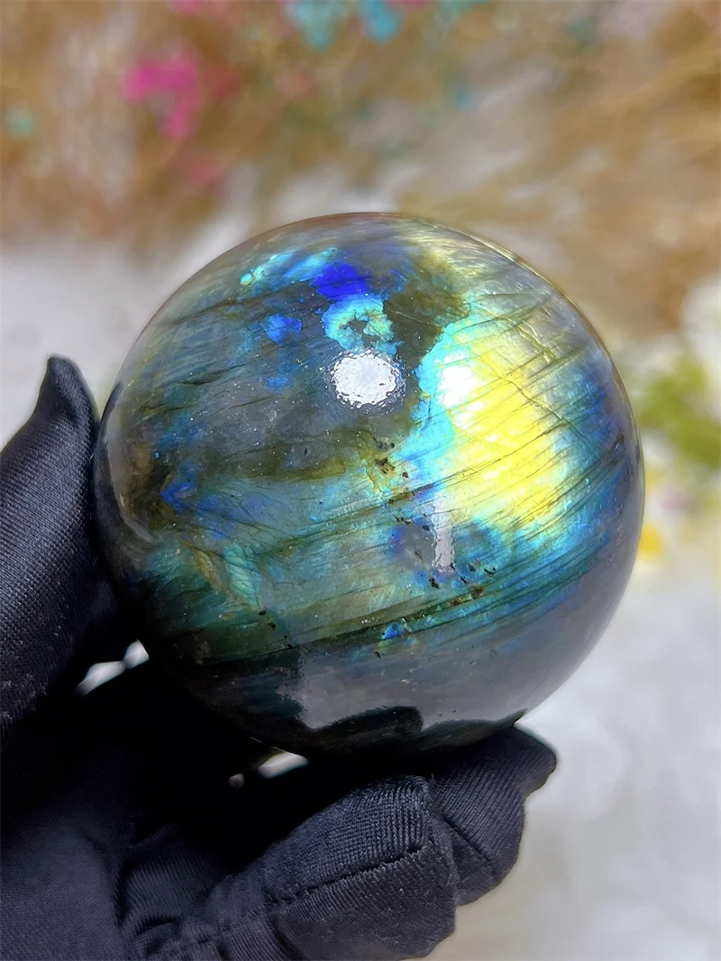 Natura Crystal Blue Labradorite SPhere With Rain Bow Free Form  Carving Reiki Healing Stone Home Decoration Exquisite Gift