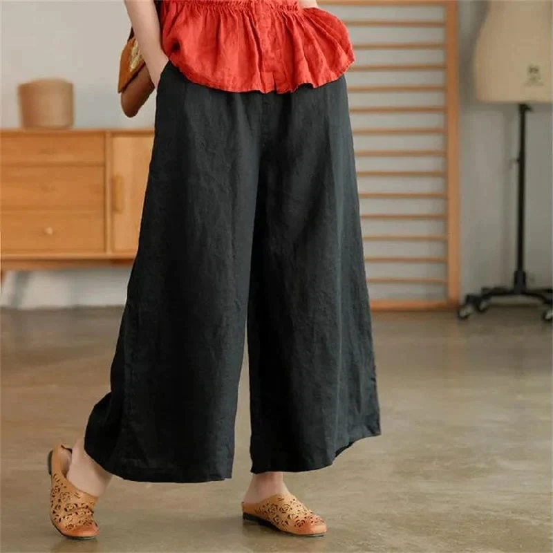 Pantalones informales holgados de pierna ancha para mujer, calzas Vintage de lino y algodón de cintura alta, pantalones holgados de cintura elástica suave para primavera