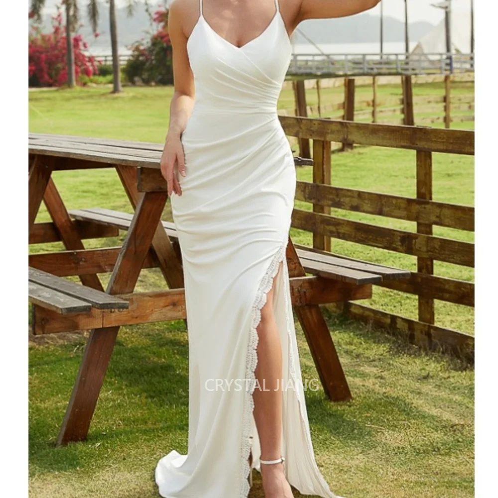 

Elegant Long V Neck Jersey Wedding Dresses Sleeveless with Slit Sheath Sweep Train Vestidos De Festa Bridal Gowns