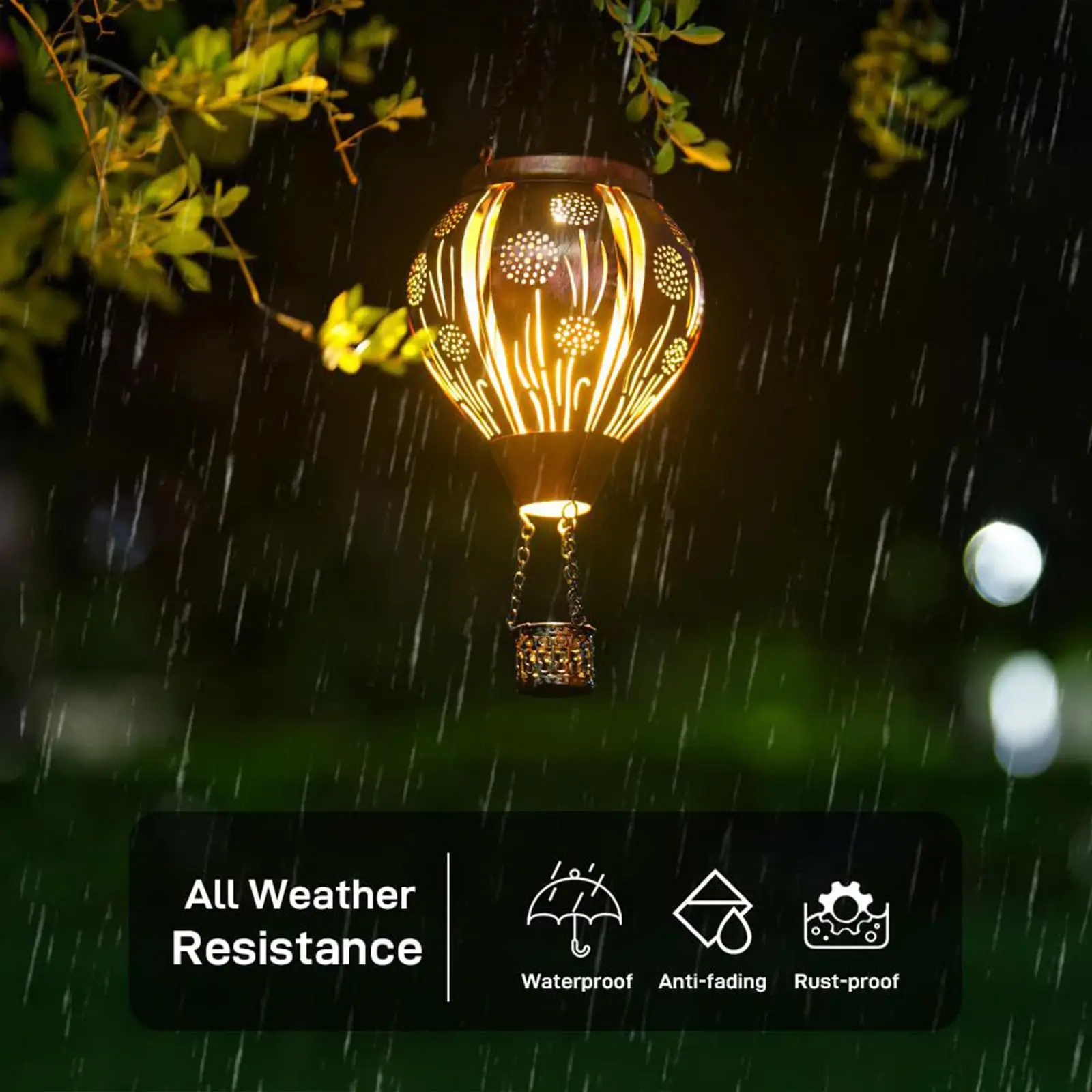 Metal Solar Hot Air Balloon Hanging Lamp for Pathway Porch Sturdy Waterproof