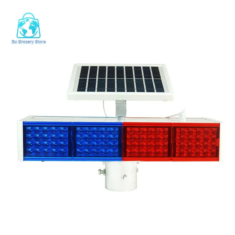 Road Construction Safety Warning Light, Solar LED Strobe Beacon with Red Blue Flash, High Visibility & Waterproof