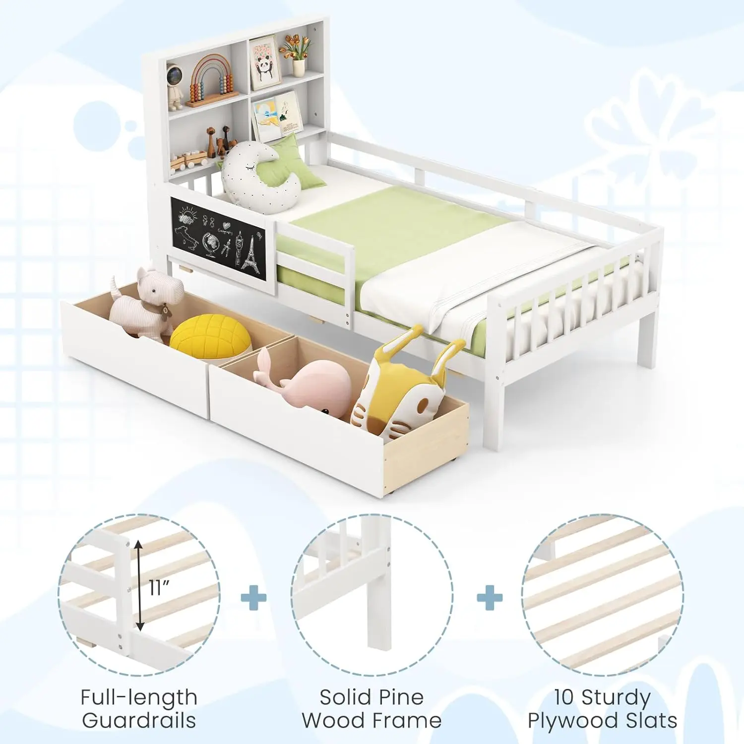 Cama com 2 gavetas de armazenamento, estrutura de cama infantil de madeira maciça com cabeceira de estante e quadro negro, guarda-rails de comprimento total e W