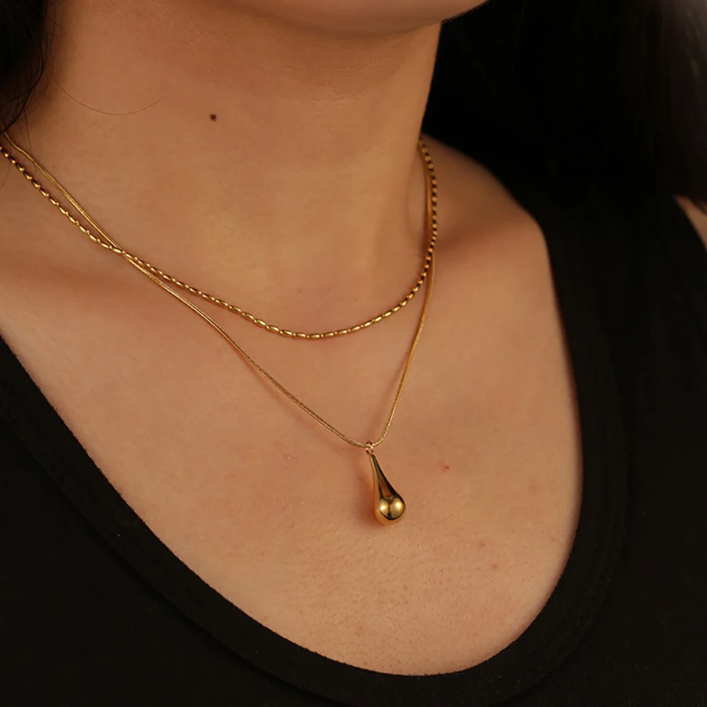 DIEYURO 316L Stainless Steel Golden Water Droplet Double-layer Necklace For Women Trend Fashion Neck Chain Jewelry Daily Gift