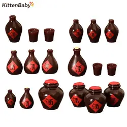 1Set 1:12 Dollhouse Miniature Wine Jar Retro Chinese Wine Jar Wine Cup Model Kitchen Decor Toy Doll House Accessories