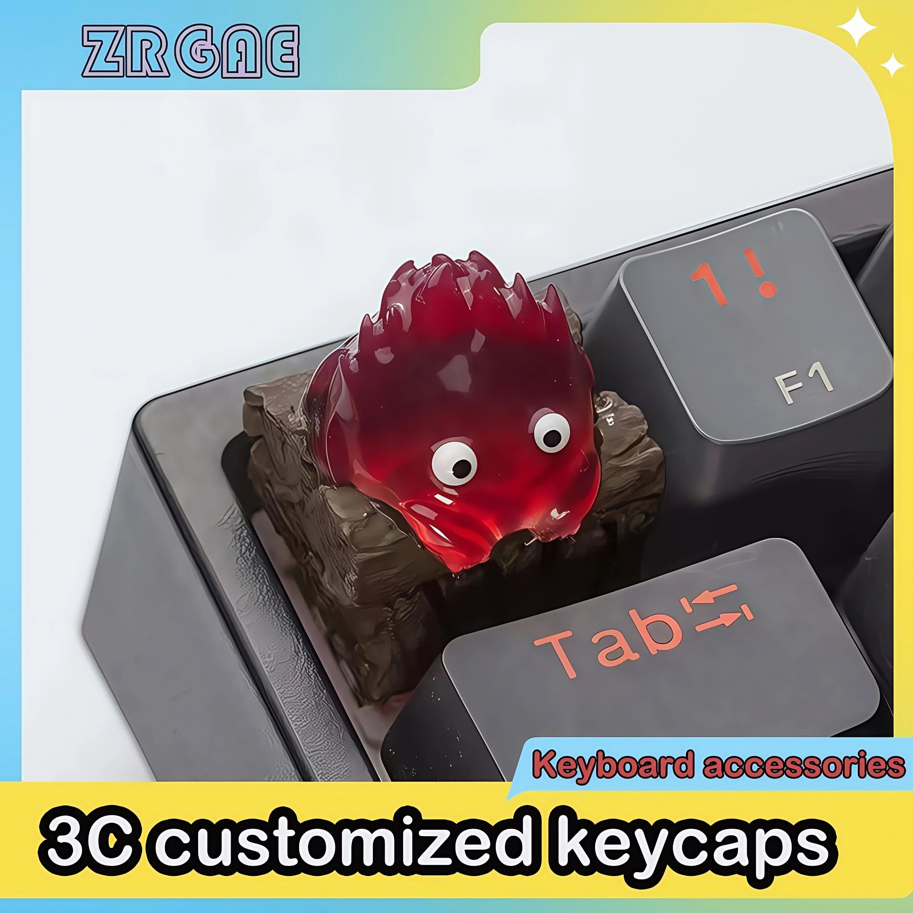 ZRGAE Calcifer little fire demon Resin Keycap for Mechanical Keyboard DIY, MX compatible, custom keycaps , gift for anime fan