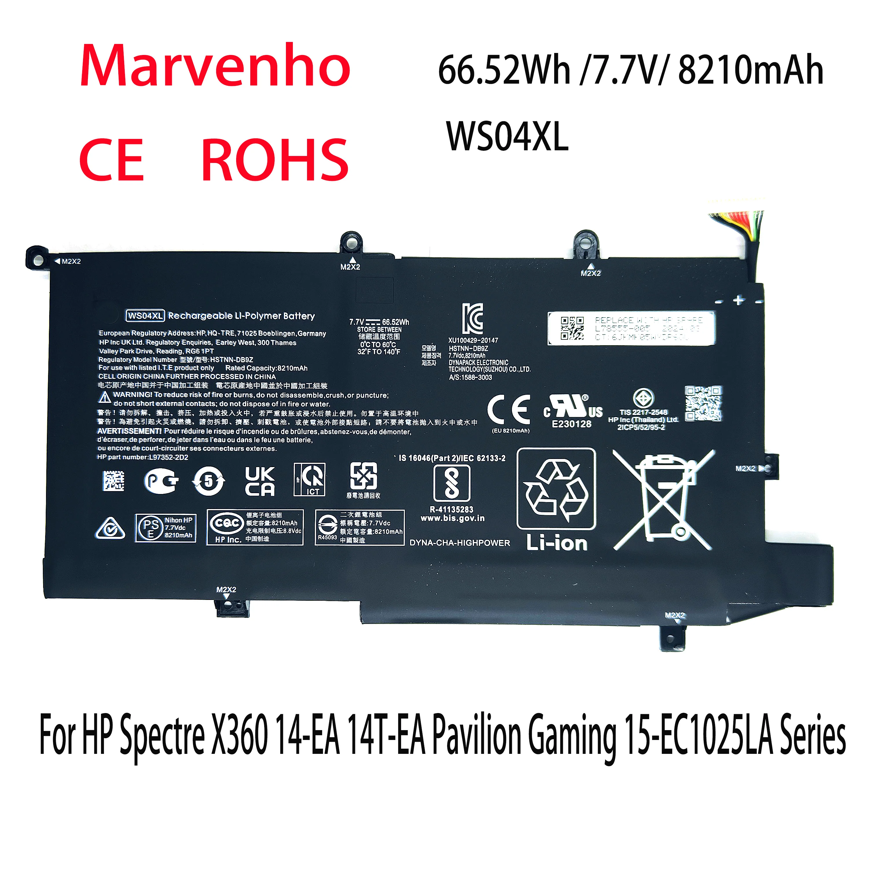 New Marvenho 66.52Wh 7.7V 8210mAh WS04XL Laptop Battery For HP Spectre X360 14-EA 14T-EA Pavilion Gaming 15-EC1025LA Series