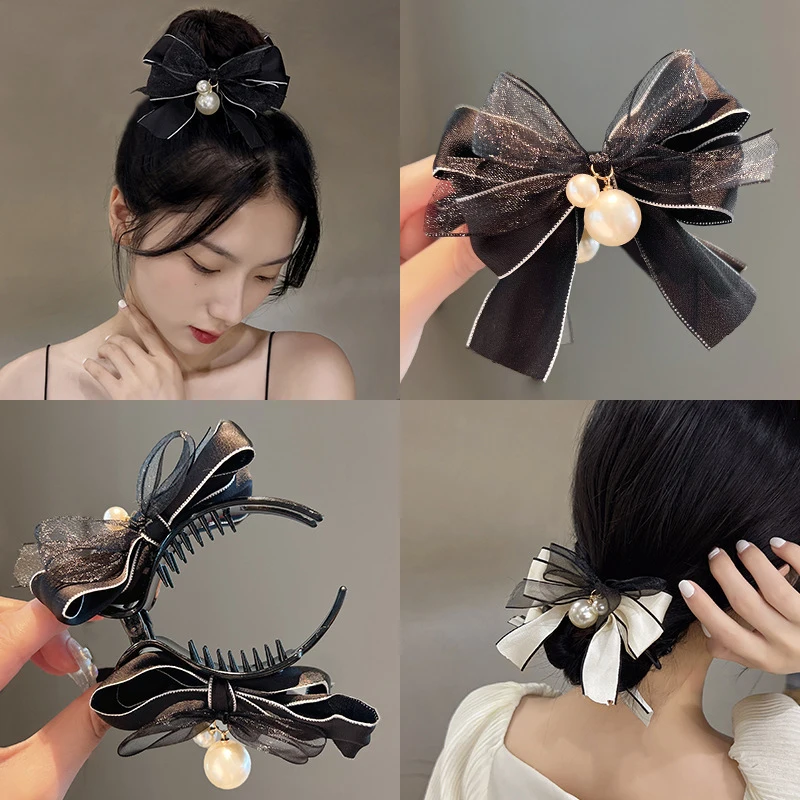 Elegant Bow Hair Claw Bowknot Pearl Grab Clip Hairpin For Women Ponytail Clips Girl Korean Hair Accessories Headwear