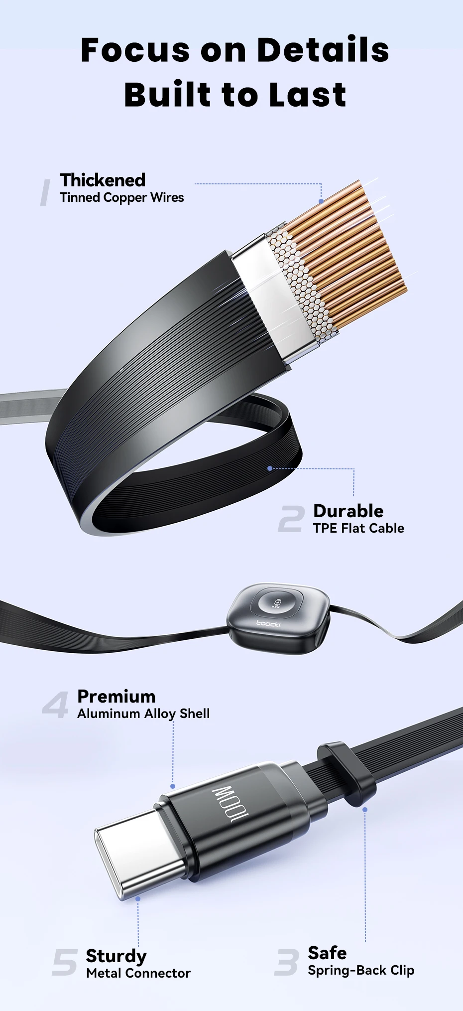 Toocki 2-in-1 ausziehbares Kabel PD100W USB-C Schnellladekabel + 2,5W kabelloses Uhren-Ladegerät für iPhone/Apple Watch Xiaomi Huawei – Detail 12