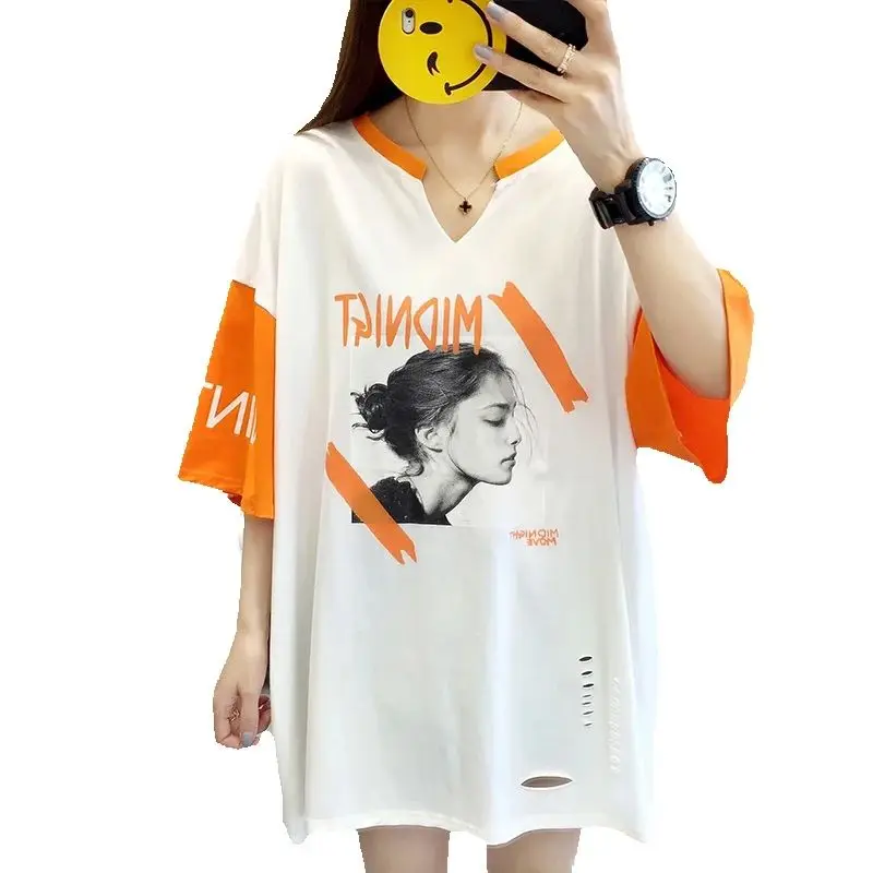 Summer Wear Women's Letter Printed T-Shirt Mid-Length O-Neck Colour Blocking Patchwork Rips Short Sleeve Top Model Tees 2024