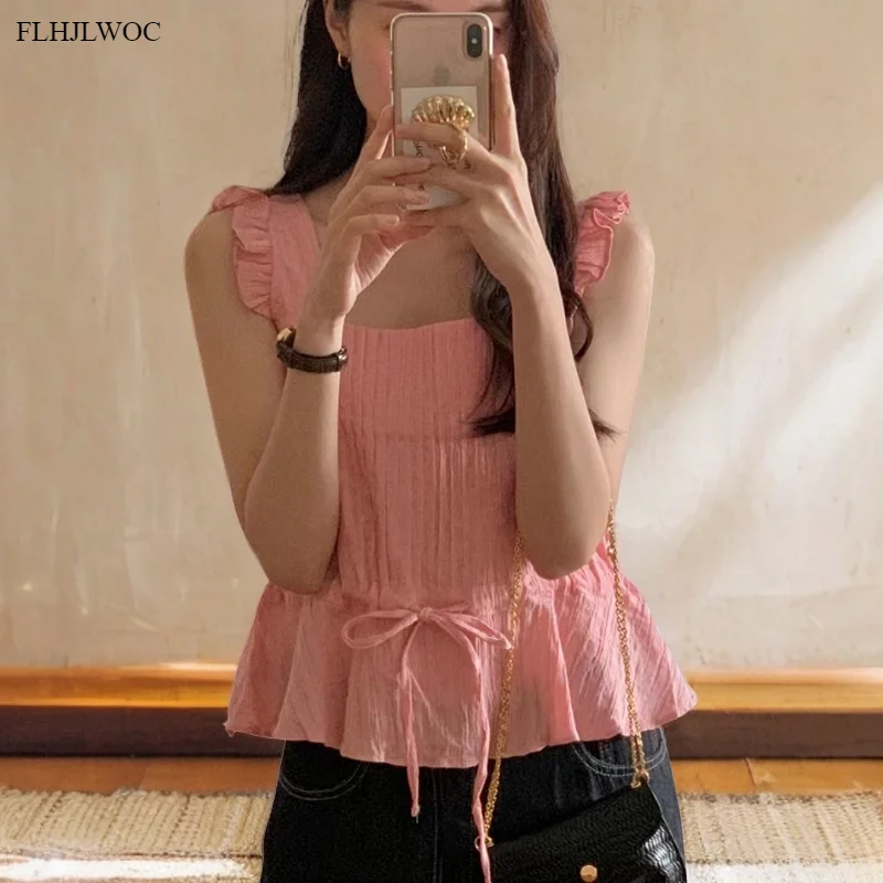Shirring Waist Peplum Tops Blouses New Design Women Cute Sweet Japan Girls Chic Korea Pink Ruffles Sleeveless Camis