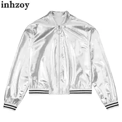 Kids Girls Shiny Metallic Zipper Jacket Long Sleeve Stand Collar Striped Edge Cardigans Outerwear Hip Hop Street Dancewear