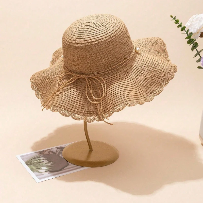 1pc Women's Khaki Wave Beach Sun Hat with Faux Pearl & Bowknot Detail, Elegant Beach Travel Vacation Sun Hat for Vocation,party