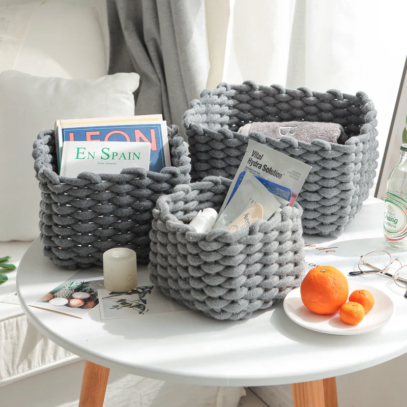 3 Size Nordic Cotton Line Hand-woven Storage Basket Coarse Rope Desktop Organizer Box Baby Toy Snack Key Cloth Cosmetic Sundries