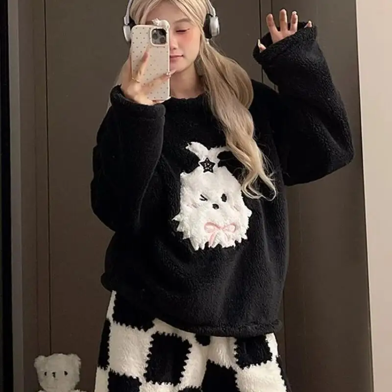 

Coral Fleece Pajamas Suit Girl Winter Kawaii Sweet Pj Soft Nightwear New Student Thicken Keep Warm Sleepwear Cartoon Homewear