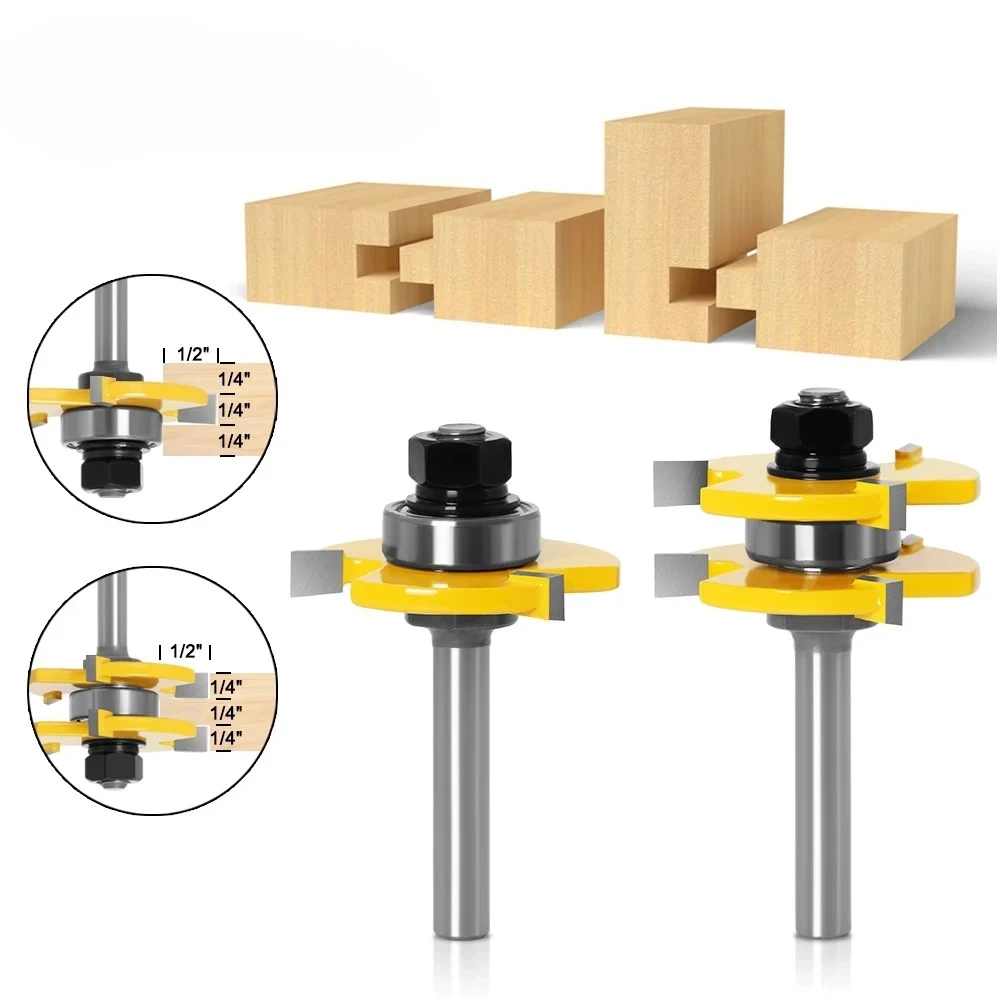 2pc 6/8/12mm 1/4in 1/2in Shank high quality Tongue & Groove Joint Assembly Router Bit Set 3/4