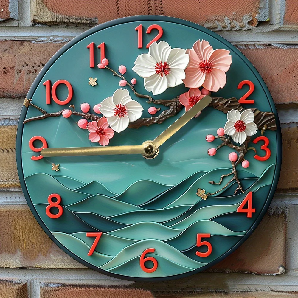 Cherry Blossom Silent Wall Clock -ch Aluminum Art Decor with DIY Assembly Kit, High-Definition 2D Print, Pet Lover Gift