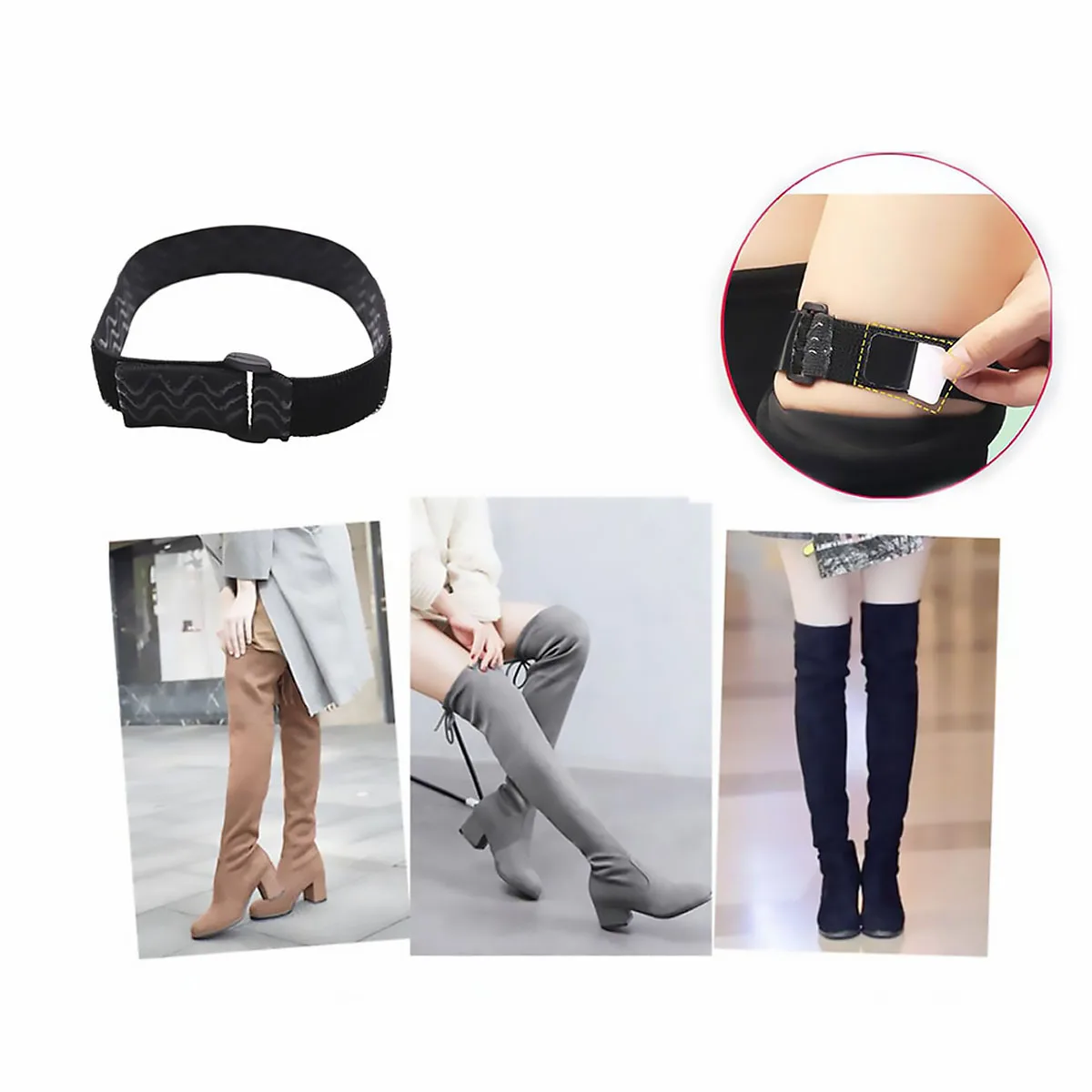 

4 Set Anti Slip Strap Adjustable High Boots Straps Knee Keeping Boot Non Slip Belt Adhesive Black Reusable Long Belt