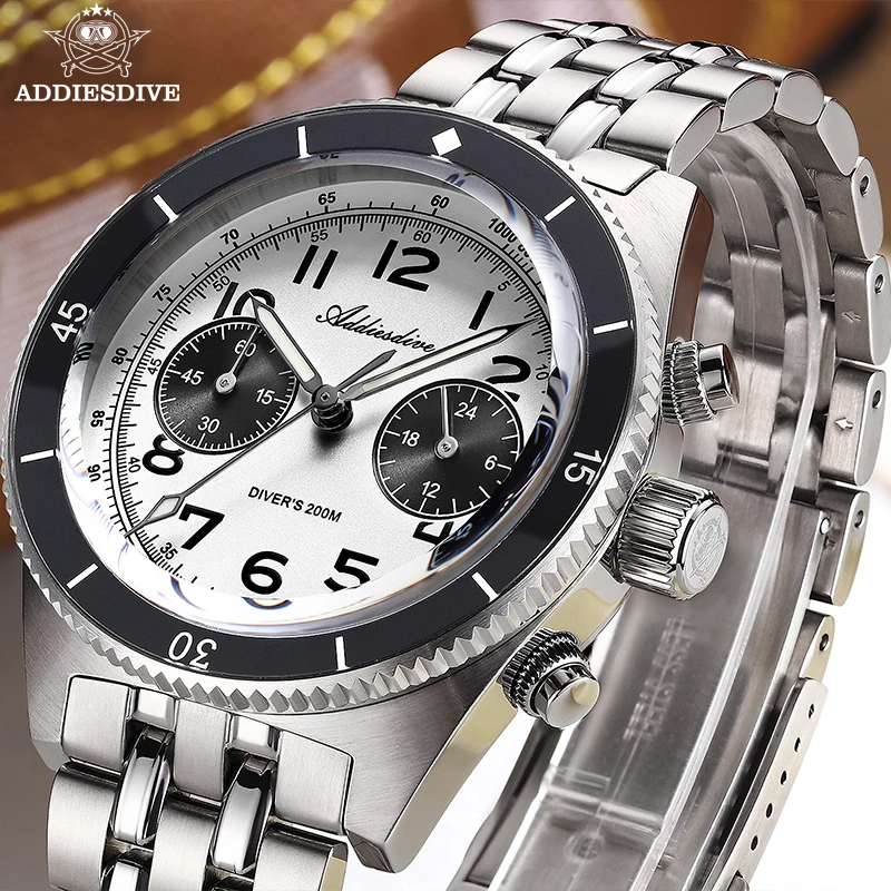 

ADDIESDIVE Men Watch Sapphire 316L Stainless Steel 20Bar Diver Luminous Multifunctional Chronograph Two Eye Quartz Watches