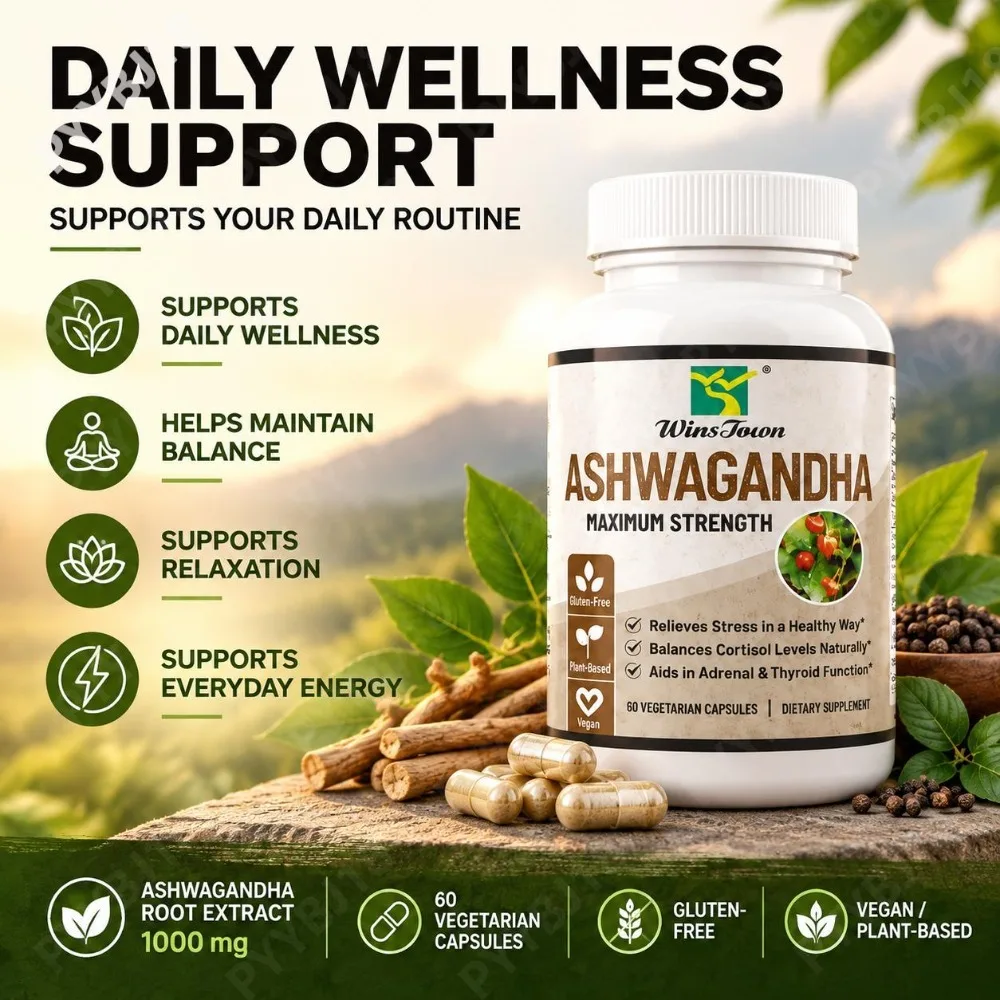Ashwagandha Maximum Strength Capsules with Maca Black Pepper Extract for Stress Relief Cortisol Balance & Restful Sleep 60 Caps