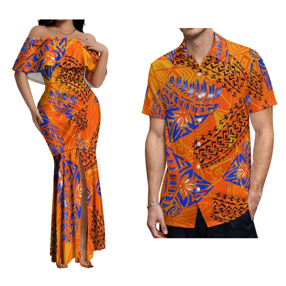 Women'S Slim Dress Lotus Leaf Shoulder Elegant Design Temperament Slit Skirt Custom Polynesian Couple Suit Men'S Shirt