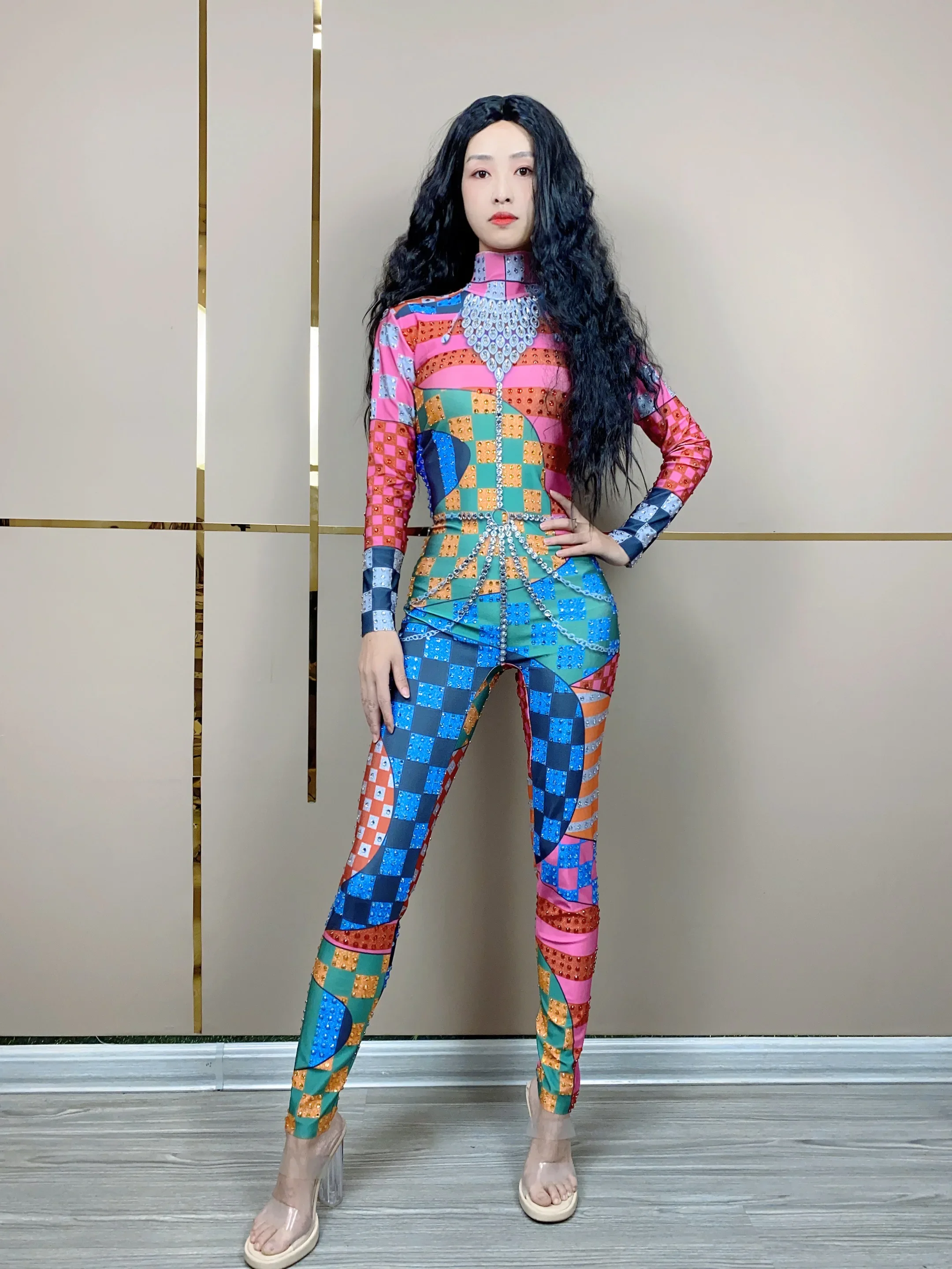 Jumpsuit warna-warni Rhinstone Drag Queen Club pesta ulang tahun kostum spesial gaun festival seksi