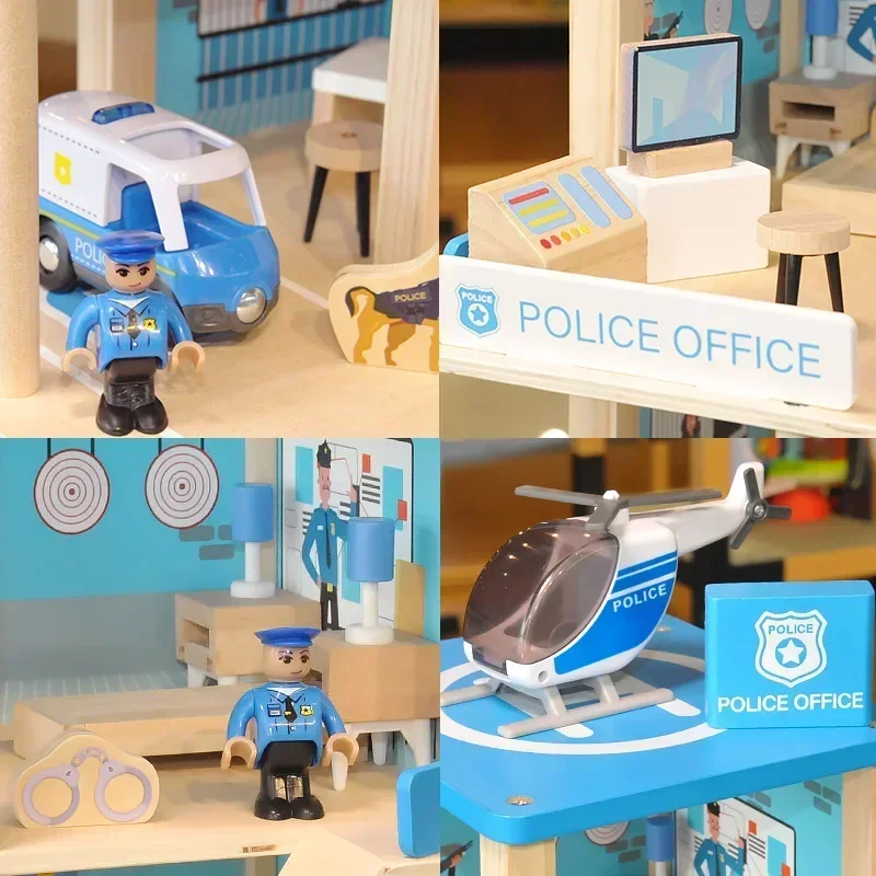 Holz Feuerwache Polizeistation Puppenhaus Hubschrauber Spielhaus Puzzle Interaktives hochwertiges Spielzeug Geburtstagsgeschenk