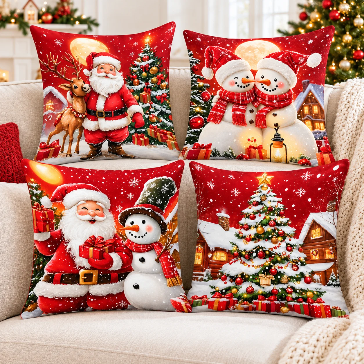 Red Christmas Pillow Covers, 2D Flat Double-Sided Printed, Santa Snowman Tree Cabin, Sofa Bed Xmas Decor, No Pillow Insert