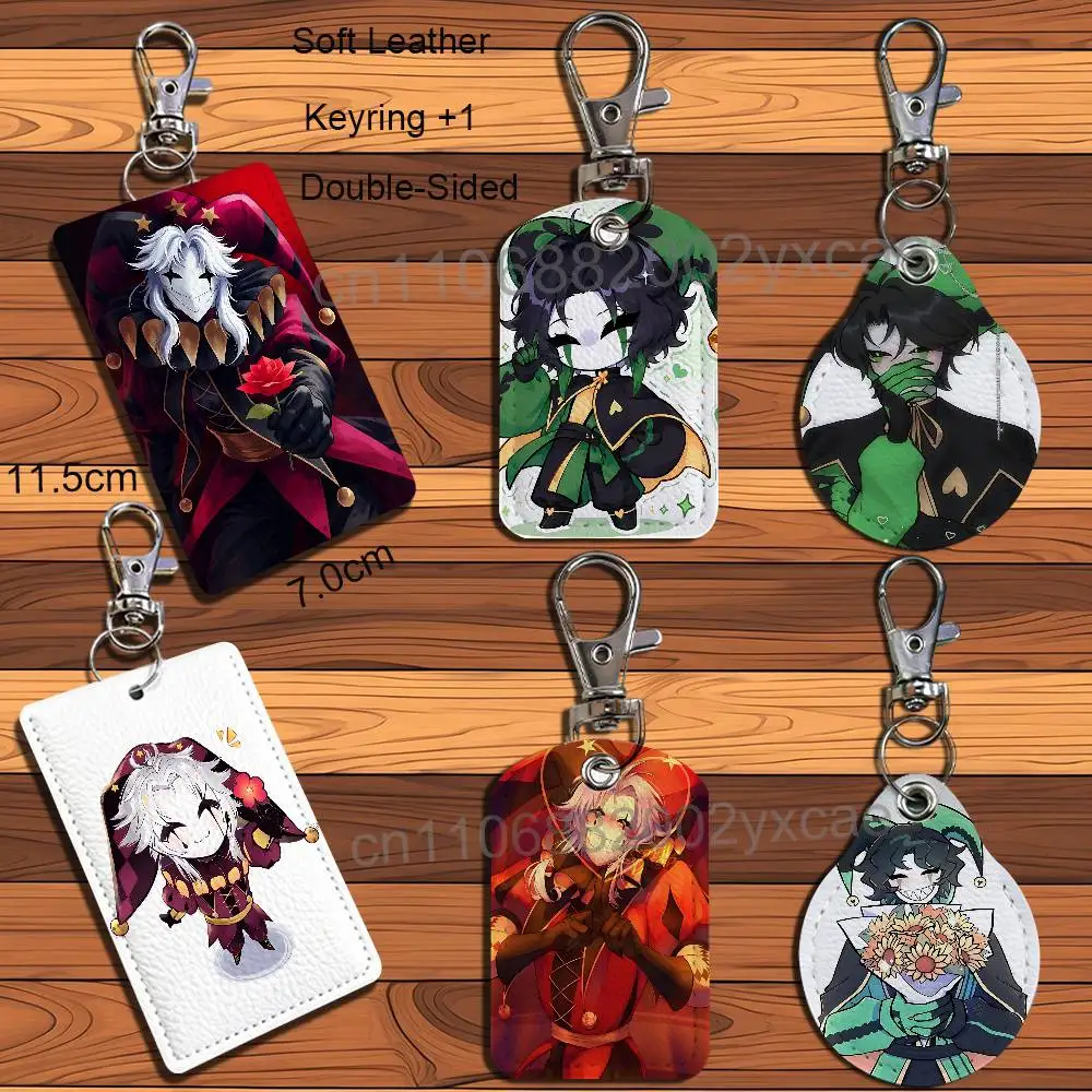 Harlequin Freak Pierrot Circus Rectangle ID Card Case Keychain Access Card Bag Key Tag Ring Leather Card Holder Key Ring Access