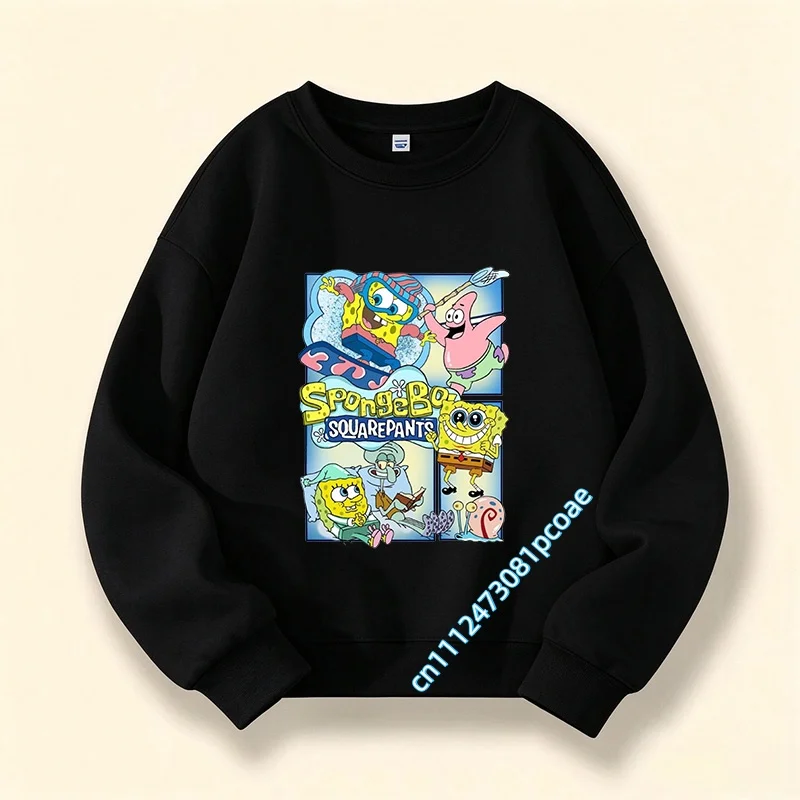 SpongeBob SquarePants New Children's Round-neck Pullover Shirt Boys' Sports Shirt Girls' Casual Top Cartoon Print Hoodie