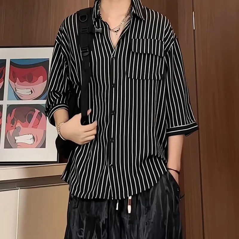 

New Summer Korean Fashion Striped Shirts Men Causal Men's Oversized Japanese Vintage Loose Three Quarter Sleeve Blouses