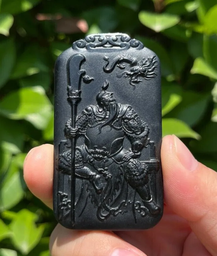 CERTIFIED 60g 100% NATURAL HOTAN BLACK JADE HAND CARVED GUAN YU PENDANT