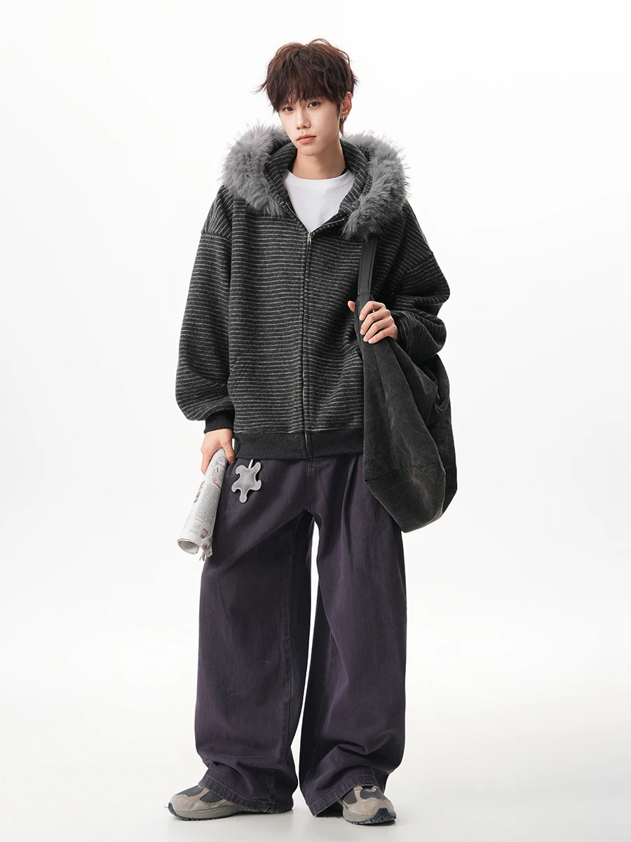 American High Street Fashion Trend Fur Collar Fleece-Lined Hooded Sweatshirt Youth Popular Winter Loose Warm Coat for Men