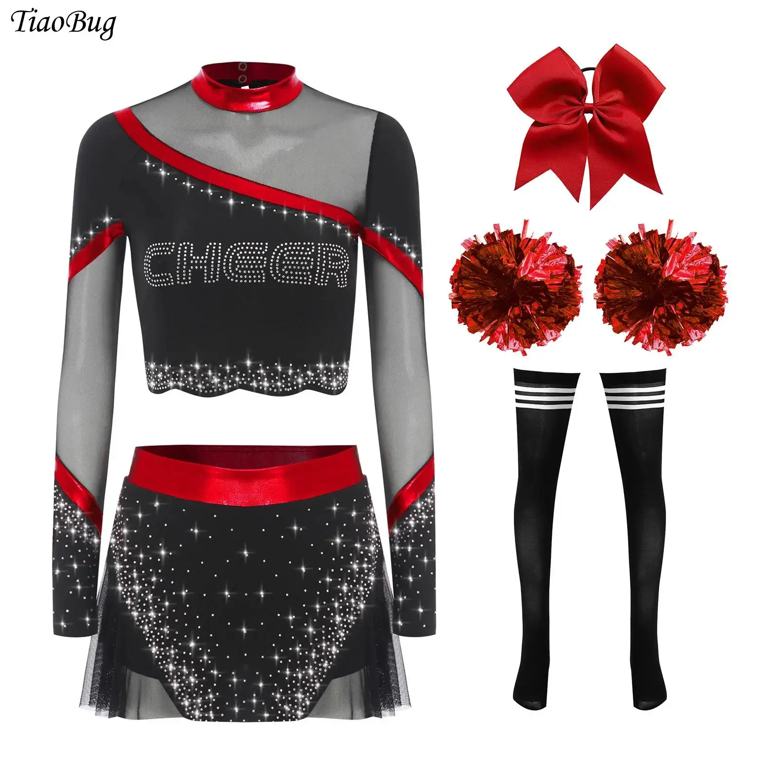 

Women Cheerleader Uniform Costumes Outfit Rhinestone Long Sleeve Crop Tops with Skirt Flower Headwear Socks Stripe Set