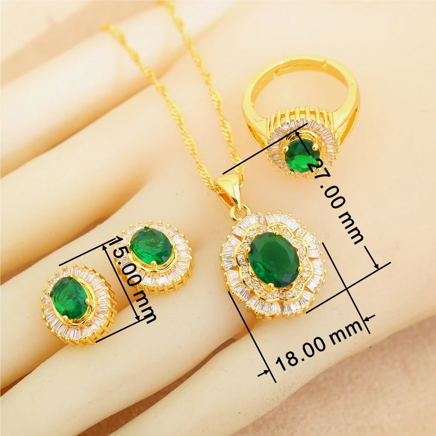 Amazing 18k Gold Plated Weding Jewelry Sets for Women Green Crystal Earrings Necklace Pendant Open Ring Party Gift