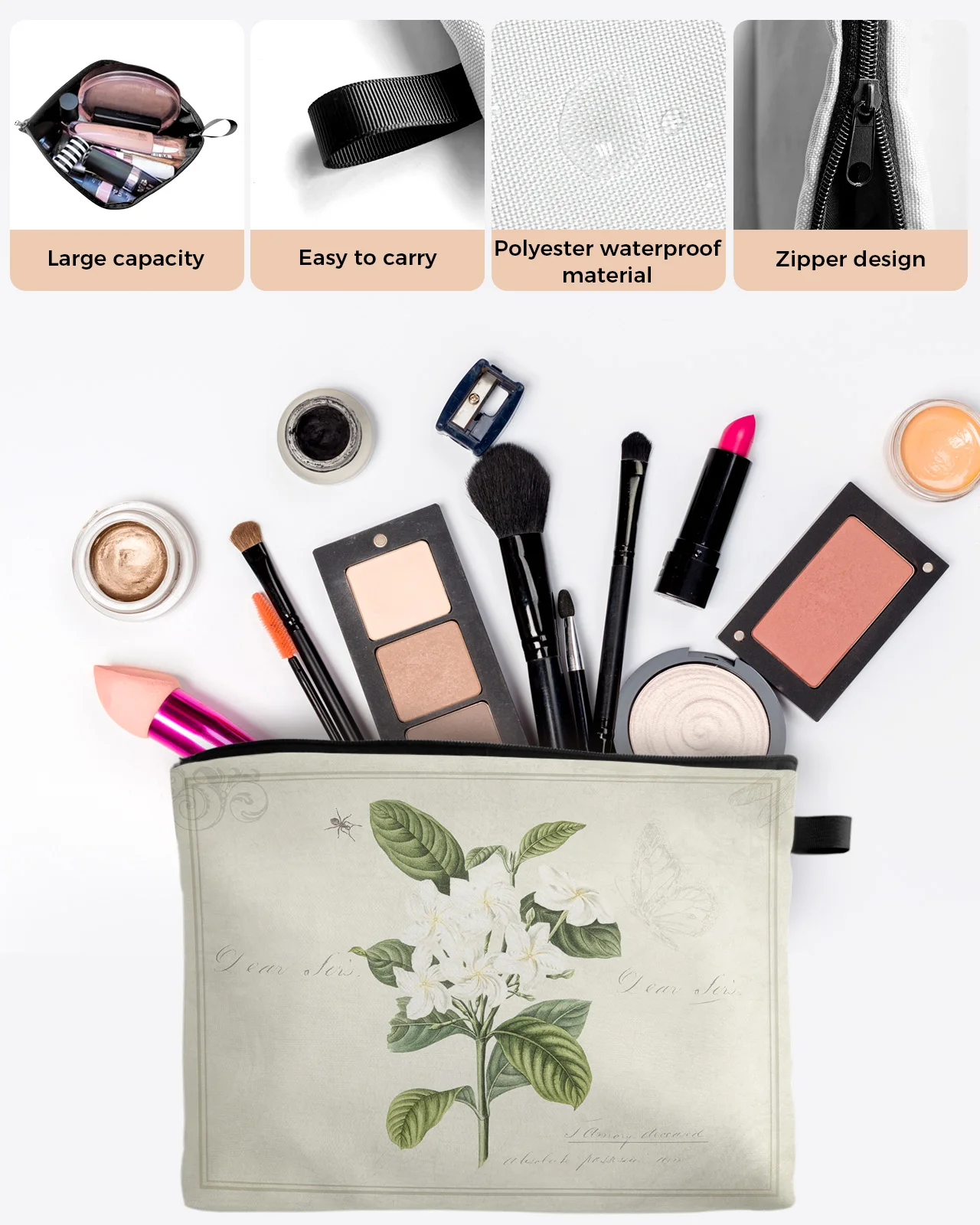 Vintage Country Plant Plumeria Large Capacity Travel Cosmetic Bag Portable Makeup Storage Pouch Women Waterproof Pencil Case