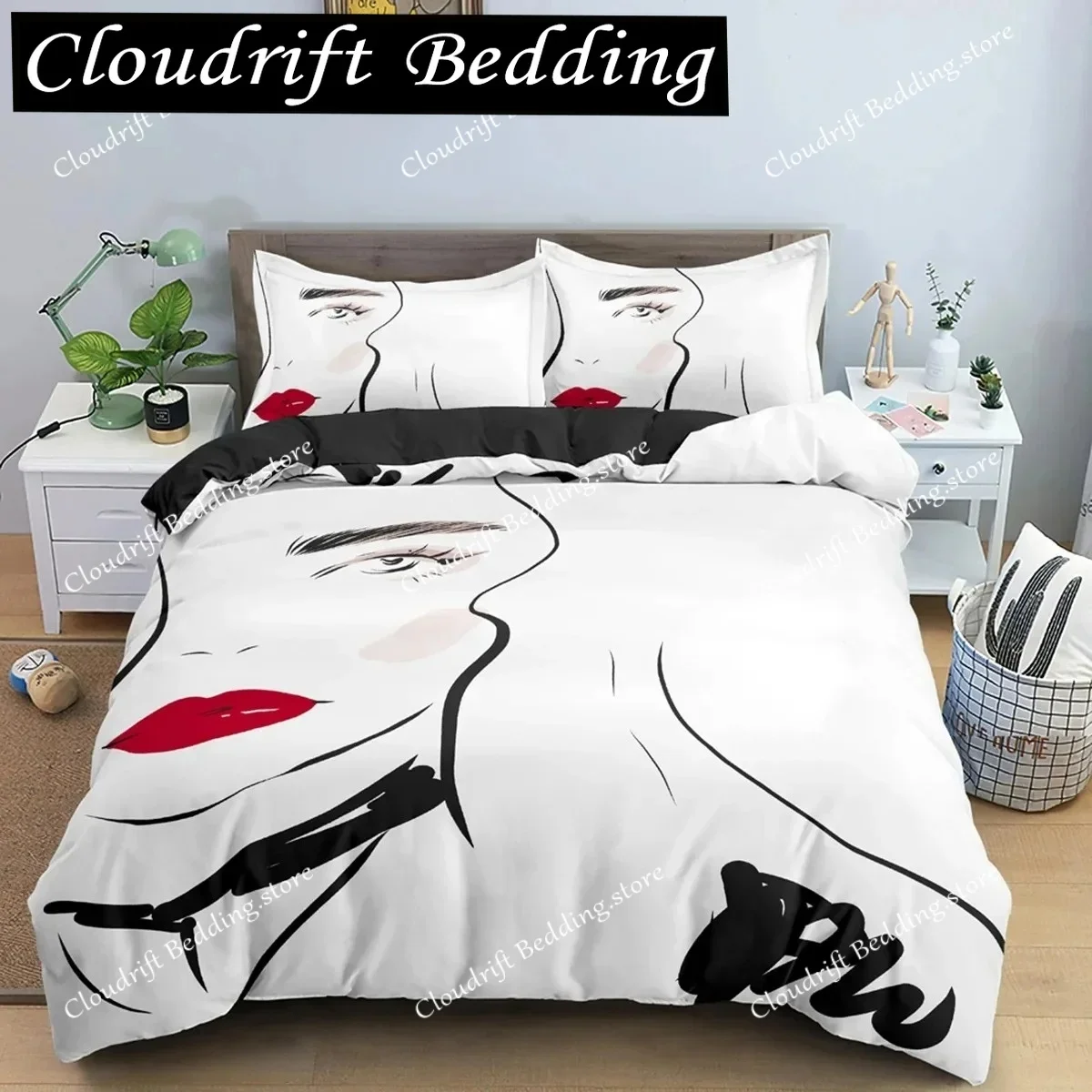 Hand-drawn Woman Portrait Duvet Cover Set Microfiber Black And White Floral Background Bedding Set for Girls Quilt Cover026