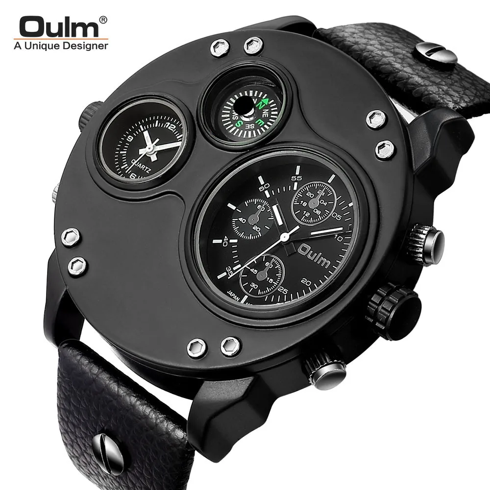 

2025 Oulm Casual Outdoor Sport Men's dual time zone Black Leather Dual Time Zone Male Quartz Big Dial Size Luxury Military Watch