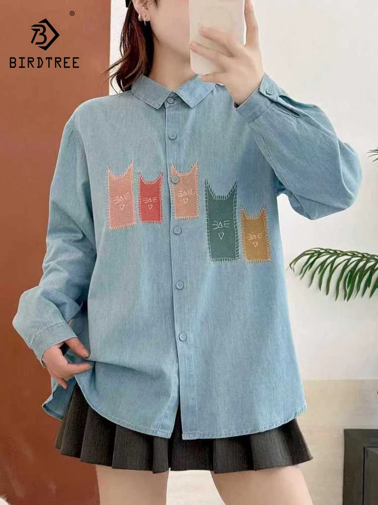 

New 2026 Summer Women Denim Long Sleeve Shirt, Turn-down Collar Cat Embroidery, Mori Girl Age Reduction Loose Blouse T63687CC