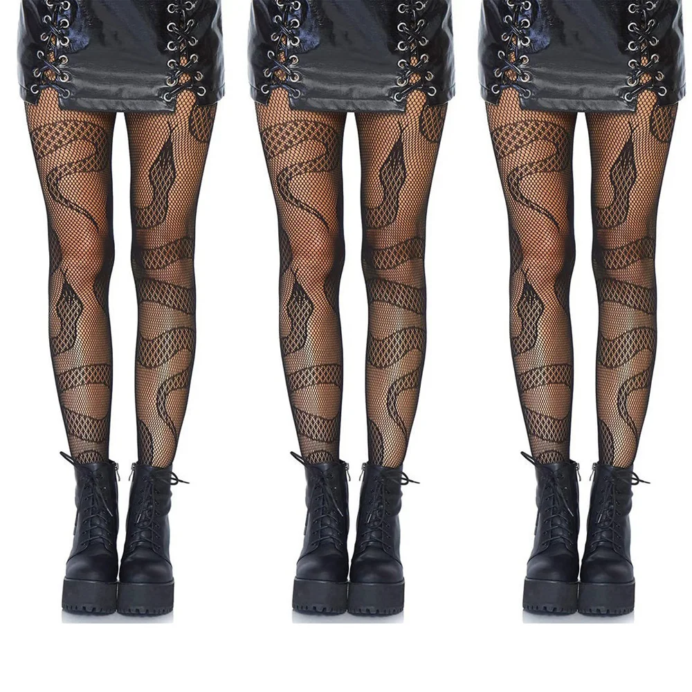 

Women Sexy Big Snake Print Club Tights Long High Nylon Punk Goth Lolita Body Stockings Black Punk Style Sexy Women Pantyhose