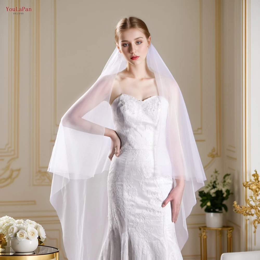 YouLasaupoudrer-Voile de mariage minimaliste à deux niveaux avec fard à joues, voile de mariée long avec peigne, couvre-visage en tulle doux, V131