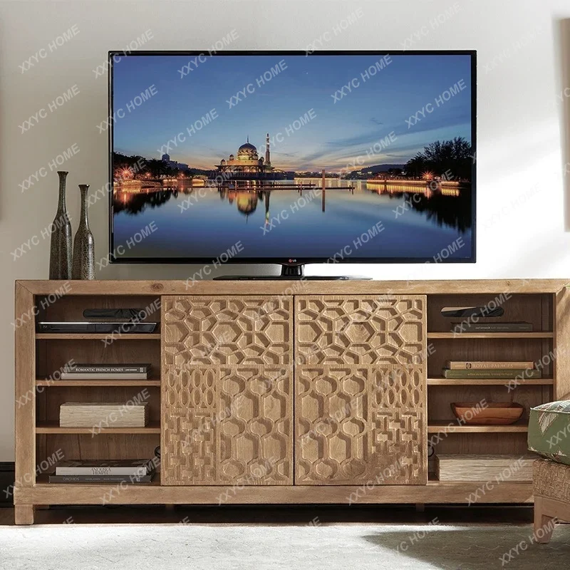

L retro tribal style home living room TV cabinet modern light luxury new Chinese solid wood TV multimedia cabinet