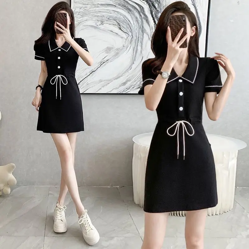 Magliette Polo sportive estive da donna Mini abito coreano Lady Casual White Draw String vita abiti manica corta 2024 Fashion Wear