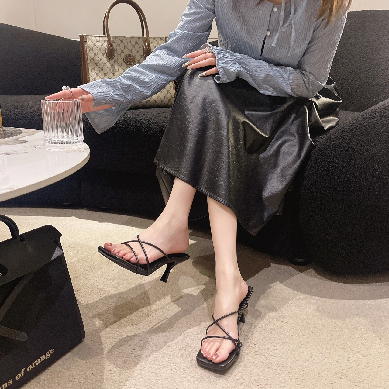 Women's Solid Color Simple Square Toe Elegant Stiletto Heel Slippers 2026 Summer New Thin Strap Combination Anti-Slip Slippers