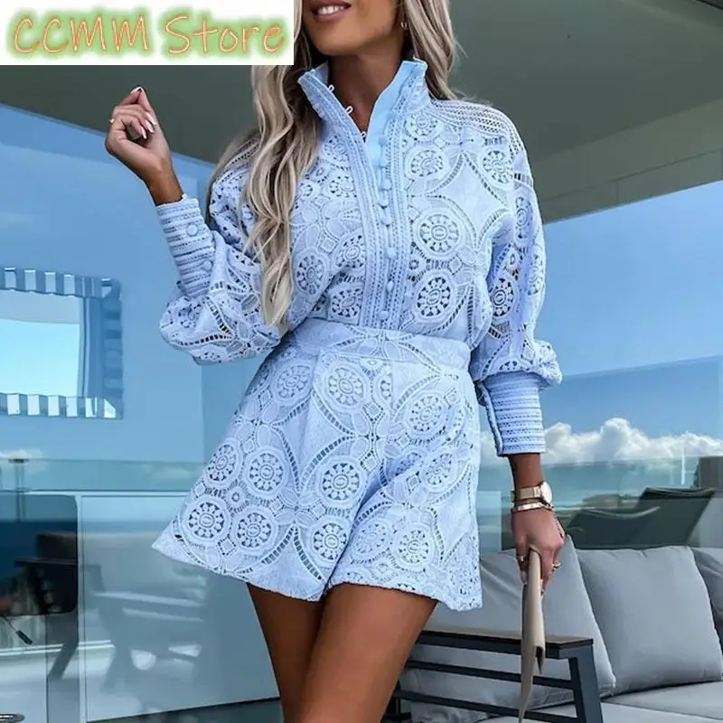 Elegant Women Long Sleeve Office Matching Top Short Pant Suit Fashion Embroidery Hollow  Lace Two Piece Sets Summer Solid Suits