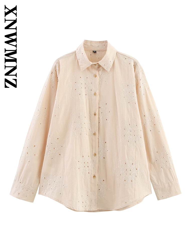 

XNWMNZ 2025 Summer Lady Fashion Vintage Long Sleeve Hollow Out Shirt Chic Spring Female Turn-down Collar embroidery Top Casual