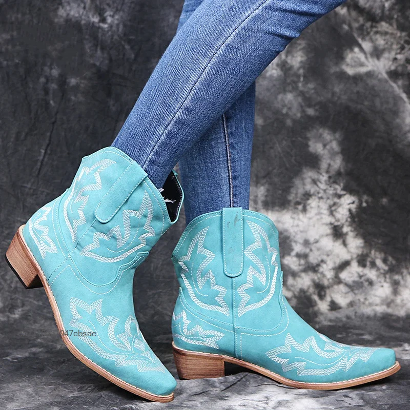 Women Retro Embroidered Western Cowgirl Boots Pointed Toe Block Heel Pull On Short Ankle Shoes Vintage Fashion Party Footwear