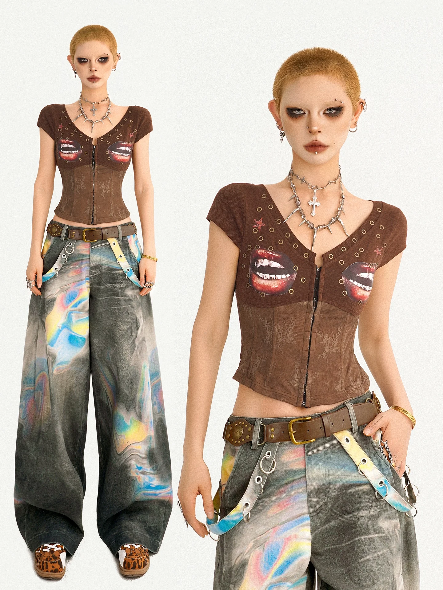 

Punk Style Short Sleeve V-Neck Slim Fit Fishbone Waist Cinching Top Women's Summer T-Shirt Open Cardigan Fashion Original Mil...