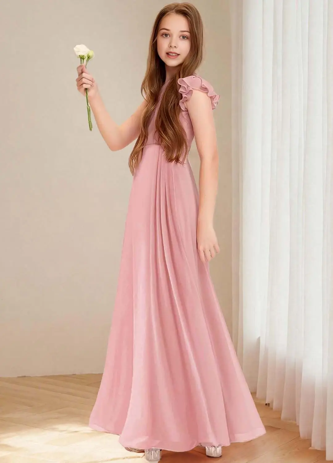 A라인 쉬폰 주니어 브라이드메이드 드레스 웨딩 원숄더 캡 슬리브 플라워 걸 롱 포멀 드레스 소녀 드레스