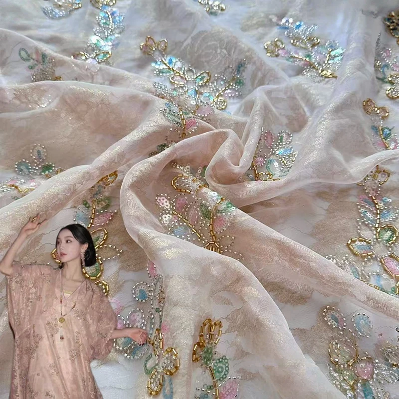 Heavy Industry Organza Bead Tube Embroidery Fabric Chinese Style 3D Floral Gold Thread Sequin Fabric Diy Sewing Hanfu Dress