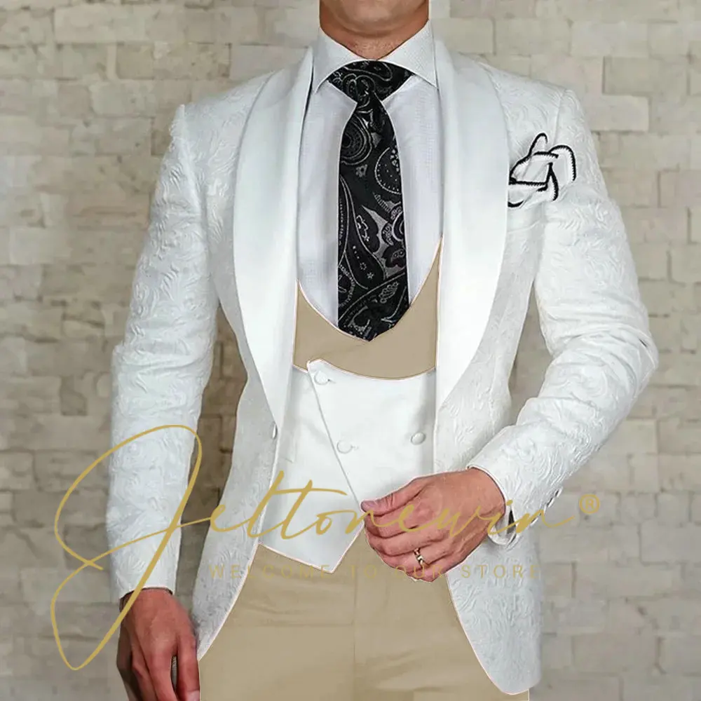 

White Jacquard Men's 3-piece Suit Set Formal Party Dress Groom's Tuxedo High Quality Groomsmen Men's Wedding Outfit